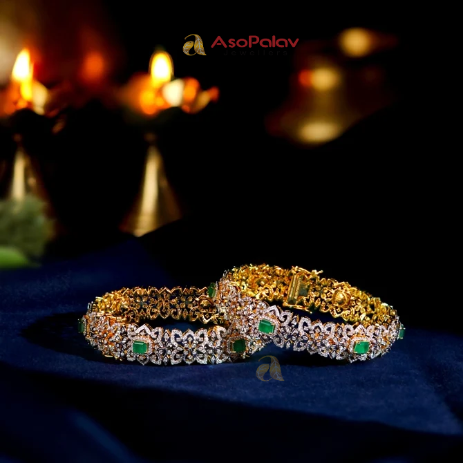 Elegant Floral Diamond Bangles with Green Colour Stones in Yellow Gold
